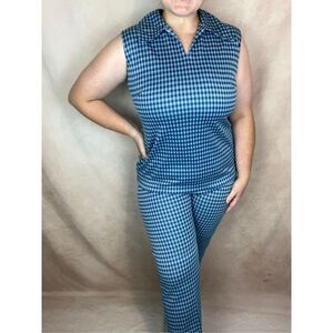 Vintage Plus Size L/XL 1970s Pantsuit Blue Polyester Mod MCM